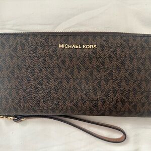 Michael Kors Brown Monogram Wristlet Wallet with Gold Logo